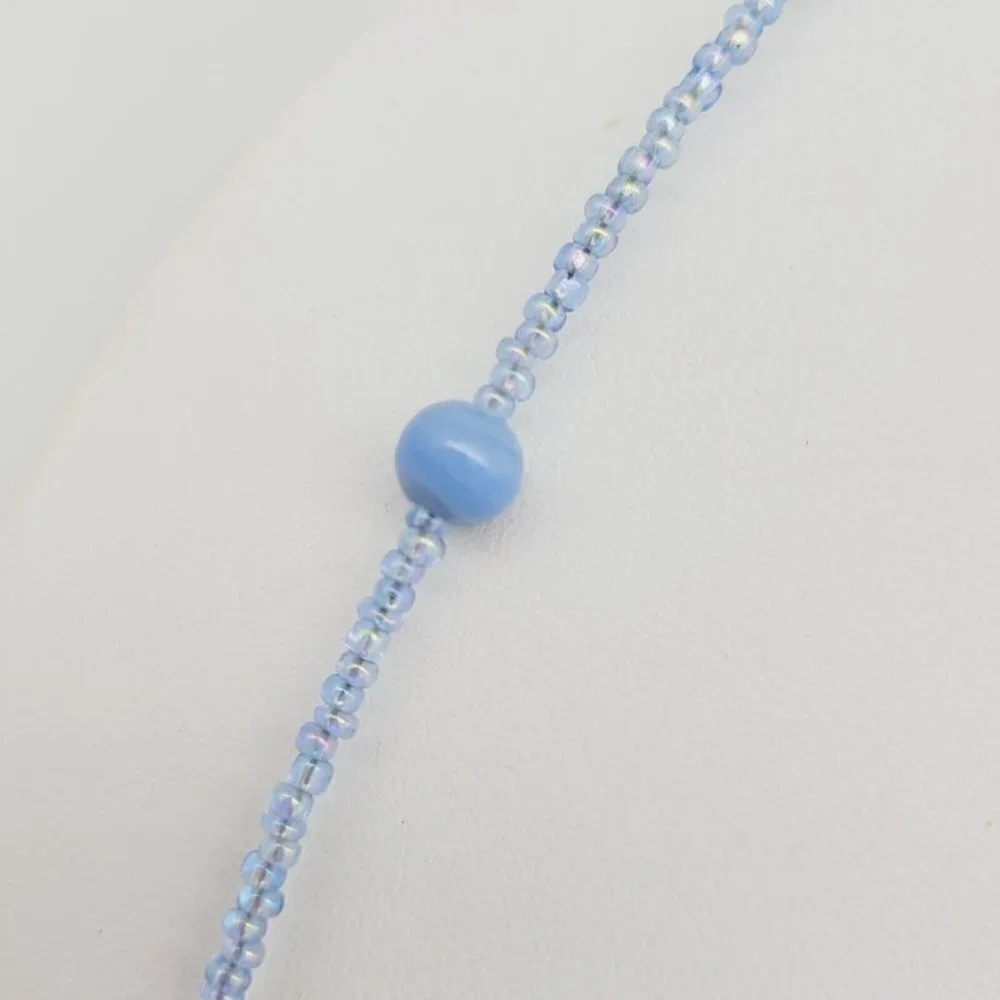 Blue Swirl Glass Beaded Necklace AB Seed Beads 20
